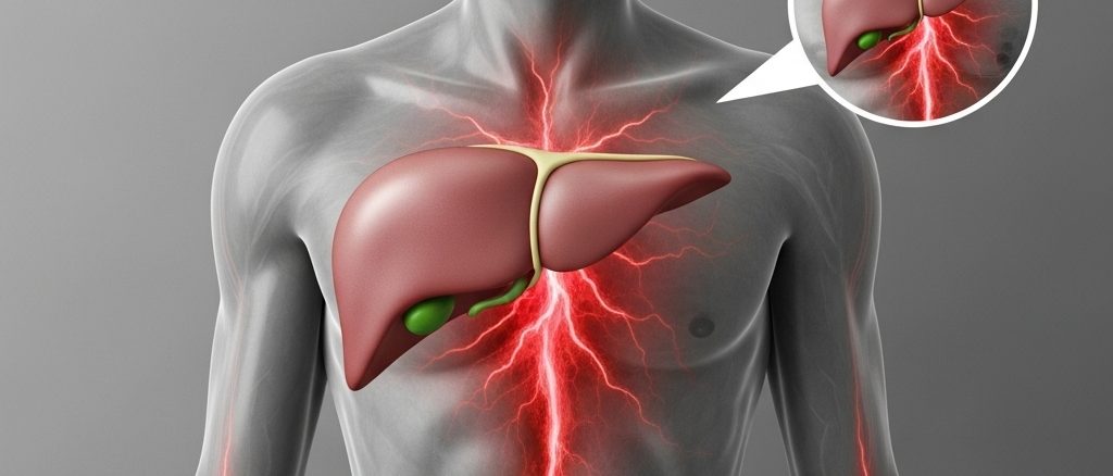 Human body with highlighted liver anatomy.