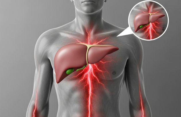 Human body with highlighted liver anatomy.