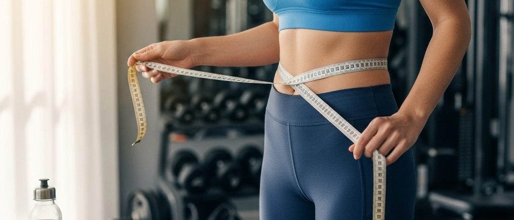 Measuring waist with healthy food nearby