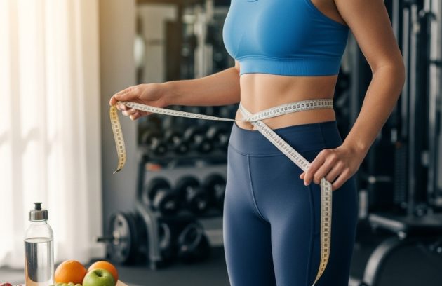 Measuring waist with healthy food nearby