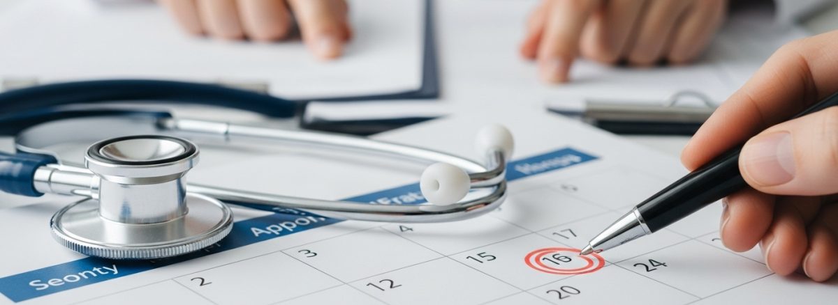 A stethoscope resting on a desk calendar with one date circled in red