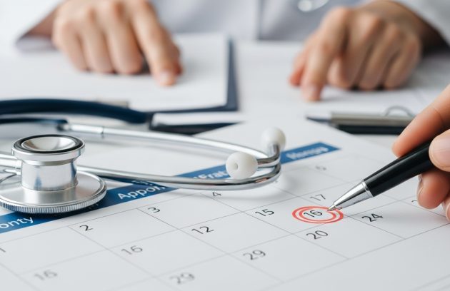 A stethoscope resting on a desk calendar with one date circled in red