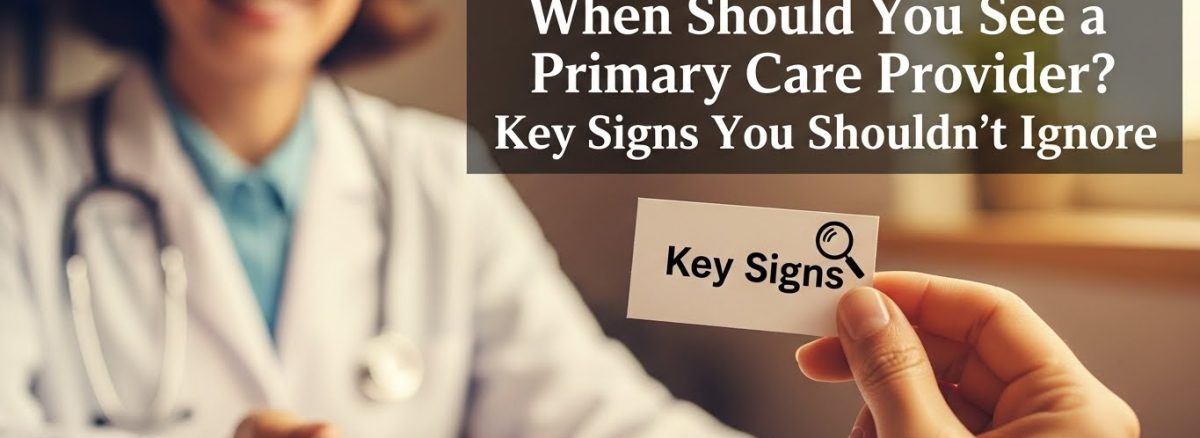 A health professional in a white coat handing over a card that reads Key Signs