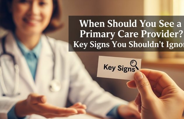 A health professional in a white coat handing over a card that reads Key Signs
