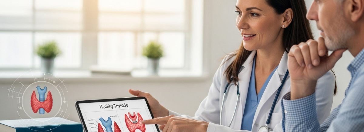 Internal medicine doctor explaining thyroid gland diagram to patient during consultation.