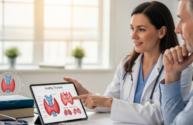 Internal medicine doctor explaining thyroid gland diagram to patient during consultation.