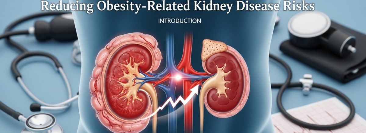 Internal medicine approach to weight loss showing kidney anatomy illustration highlighting obesity-related kidney disease risks with medical equipment background.