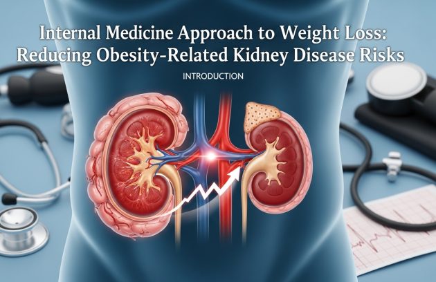 Internal medicine approach to weight loss showing kidney anatomy illustration highlighting obesity-related kidney disease risks with medical equipment background.