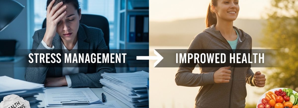 Stress management leading to improved health with exercise and healthy food.