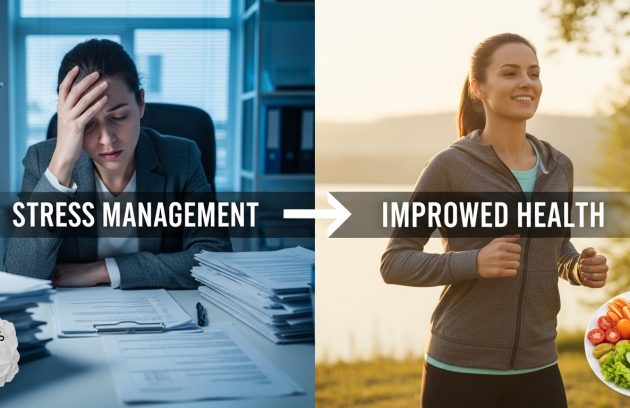 Stress management leading to improved health with exercise and healthy food.