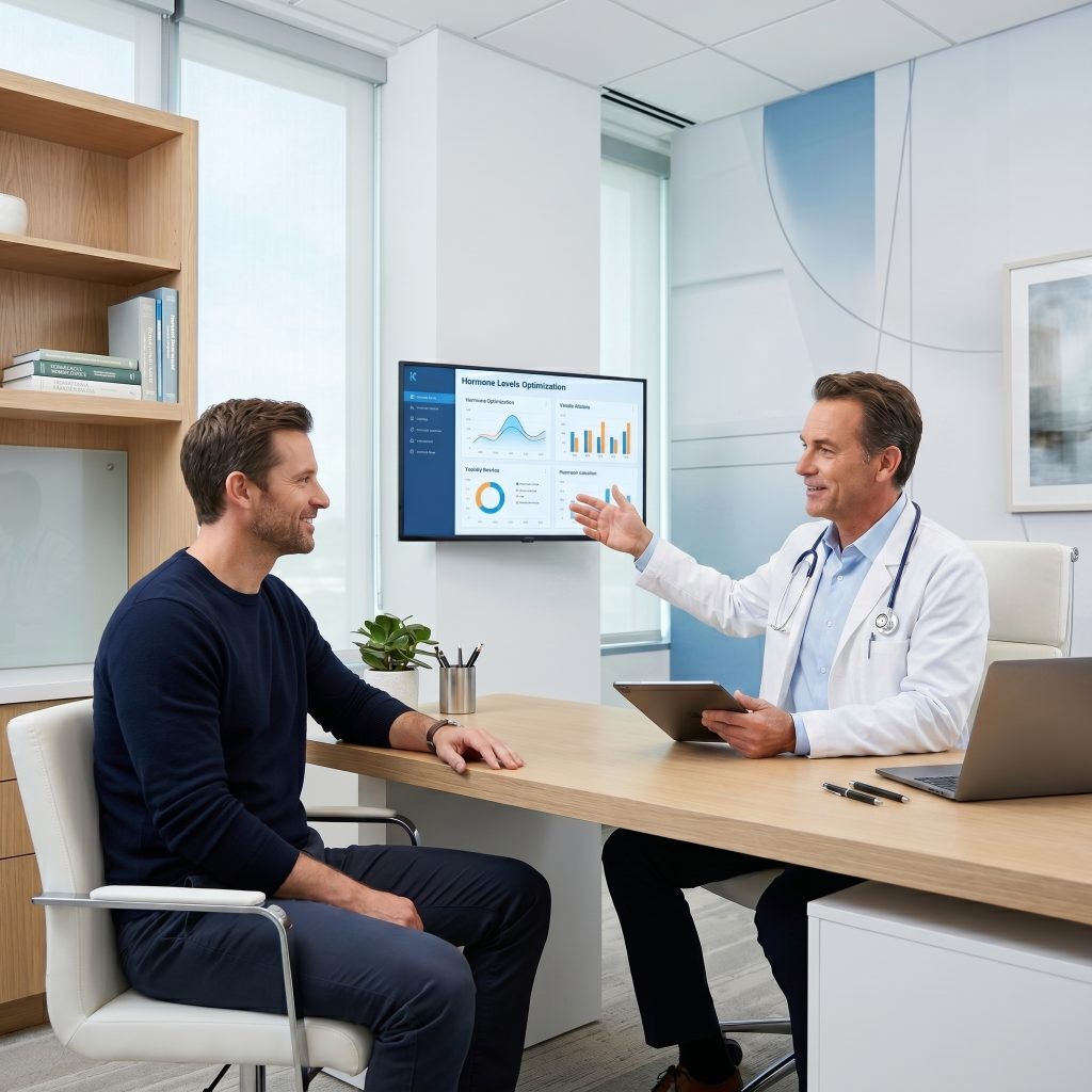 A doctor going over hormone level results shown on a wall screen with a male patient during a consultation