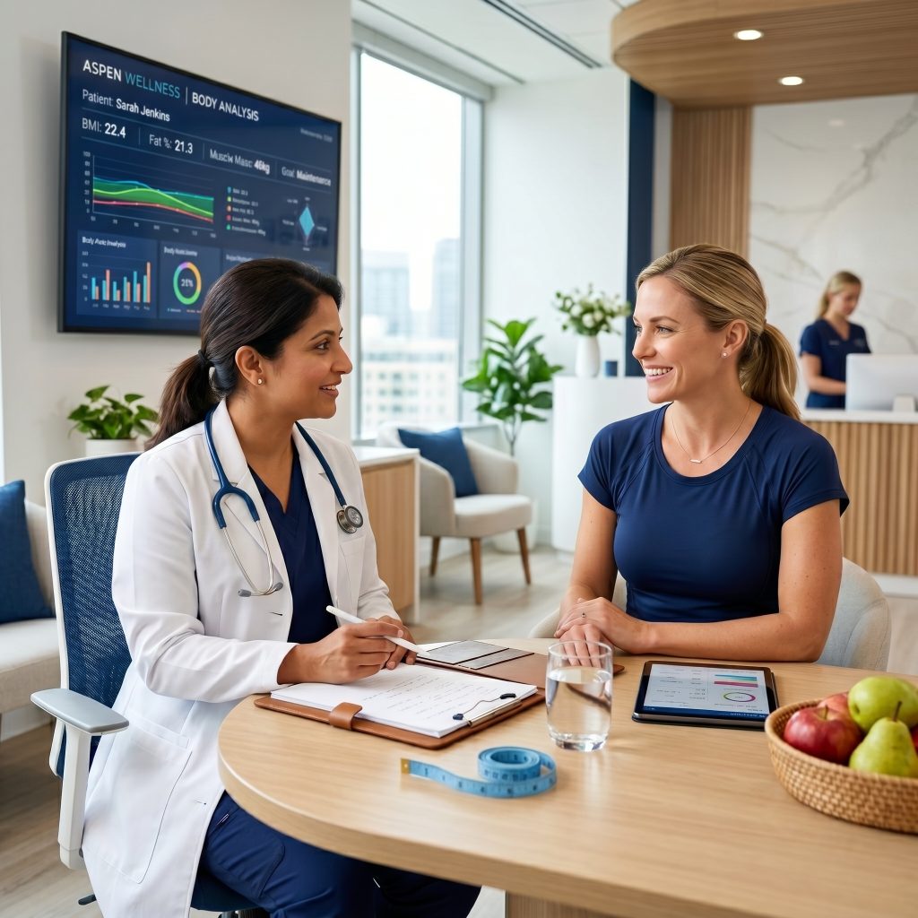 A clinician discussing body composition results with a patient at a weight loss consultation