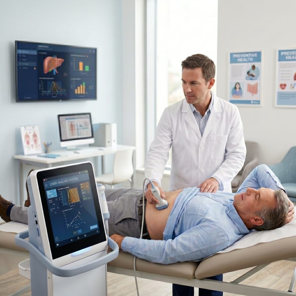 A clinician moving a scanning probe across a patient's abdomen while liver readings appear on the machine screen