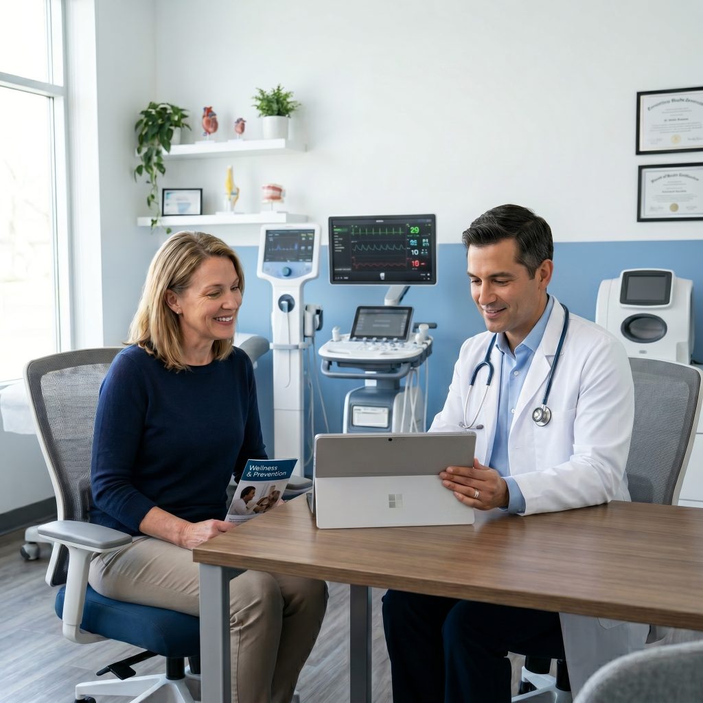 A doctor reviewing a wellness and prevention leaflet with a patient at a desk in an exam room