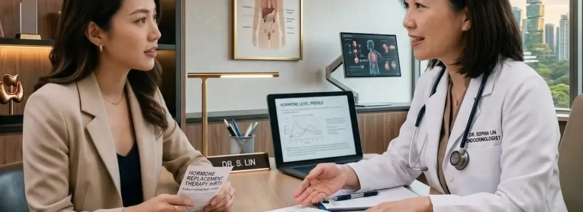 Doctor discussing bioidentical and synthetic hormone replacement therapy options with a patient during a medical consultation.