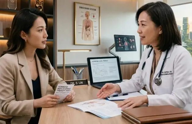 Doctor discussing bioidentical and synthetic hormone replacement therapy options with a patient during a medical consultation.