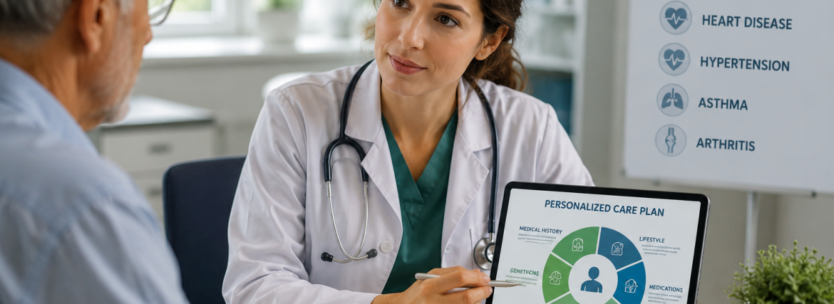 Personalized primary care doctor discussing a chronic disease management treatment plan with a patient during a medical consultation.