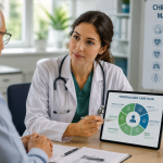 Personalized primary care doctor discussing a chronic disease management treatment plan with a patient during a medical consultation.