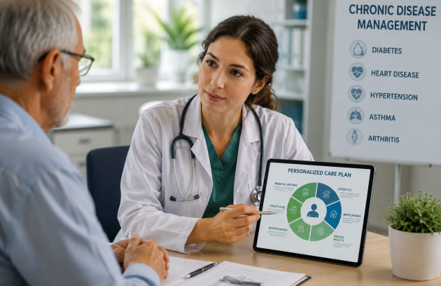 Personalized primary care doctor discussing a chronic disease management treatment plan with a patient during a medical consultation.