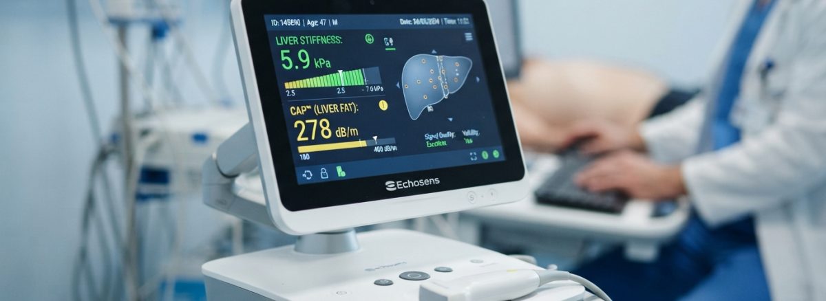 FibroScan Liver Health Assessment showing a non-invasive liver screening device used to evaluate liver stiffness and detect fatty liver disease early.