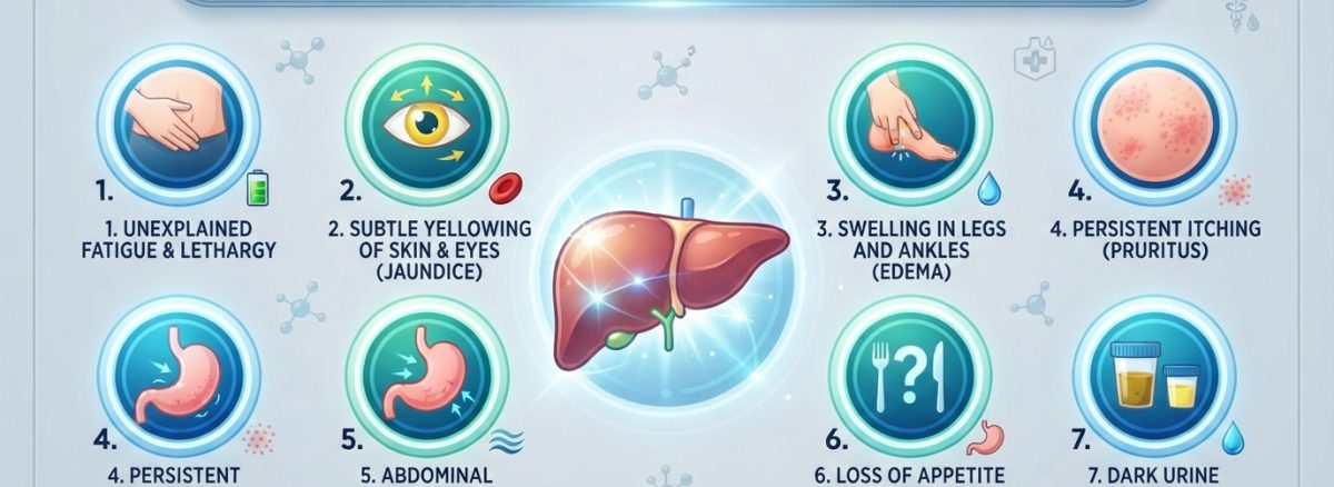 Infographic showing 7 early warning signs that may indicate the need for a Comprehensive Liver Health Assessment before liver disease symptoms appear.