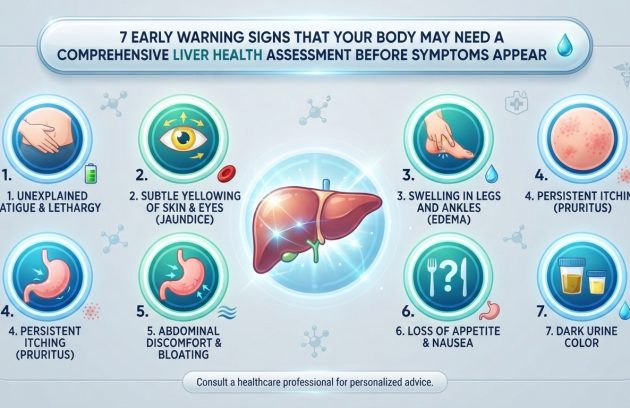 Infographic showing 7 early warning signs that may indicate the need for a Comprehensive Liver Health Assessment before liver disease symptoms appear.