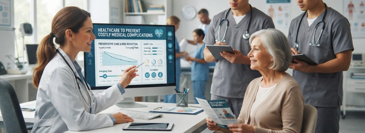 Primary care doctor discussing a personalized healthcare plan with an older patient to prevent costly medical complications through coordinated preventive care.