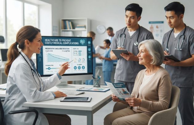 Primary care doctor discussing a personalized healthcare plan with an older patient to prevent costly medical complications through coordinated preventive care.