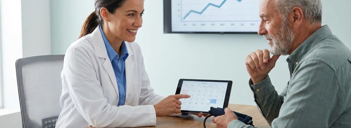 Doctor discussing follow-up care and blood pressure monitoring with a patient