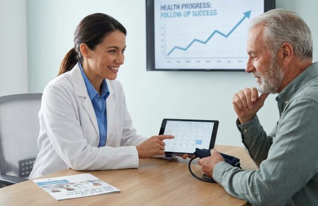 Doctor discussing follow-up care and blood pressure monitoring with a patient