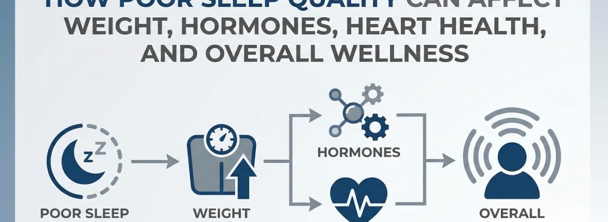 Infographic showing how poor sleep quality can affect weight, hormones, heart health, and overall wellness by illustrating the connection between sleep, metabolism, cardiovascular health, and well-being.
