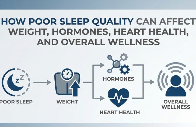 Infographic showing how poor sleep quality can affect weight, hormones, heart health, and overall wellness by illustrating the connection between sleep, metabolism, cardiovascular health, and well-being.