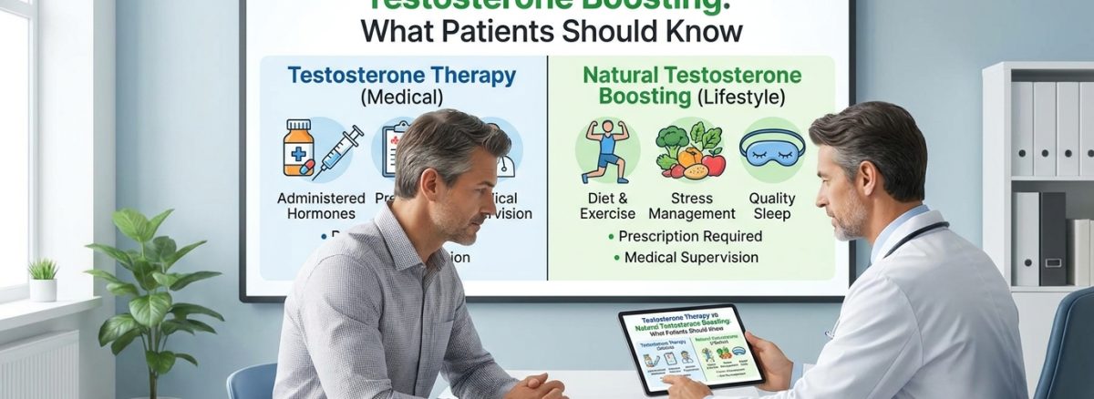 Testosterone Therapy vs Natural Testosterone Boosting explained by a doctor during a patient consultation