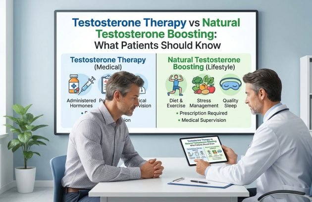 Testosterone Therapy vs Natural Testosterone Boosting explained by a doctor during a patient consultation