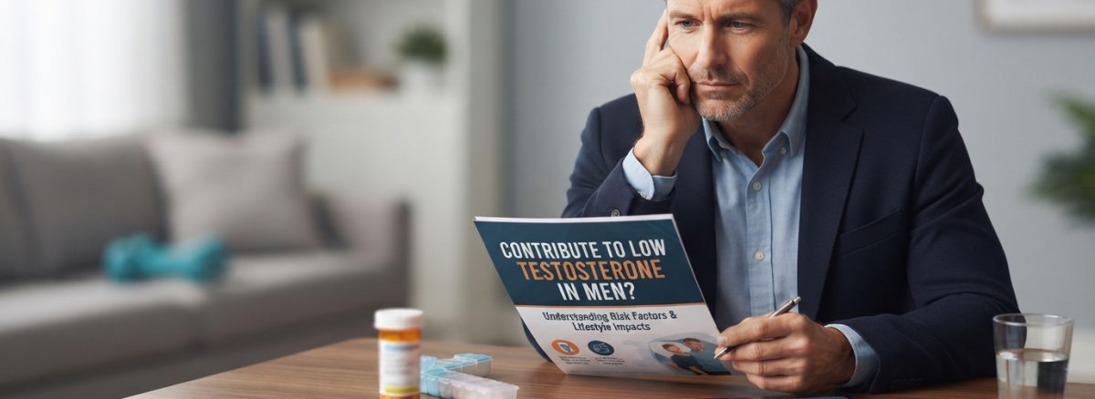 A thoughtful middle-aged man reviewing medical information on low testosterone in men at his desk.