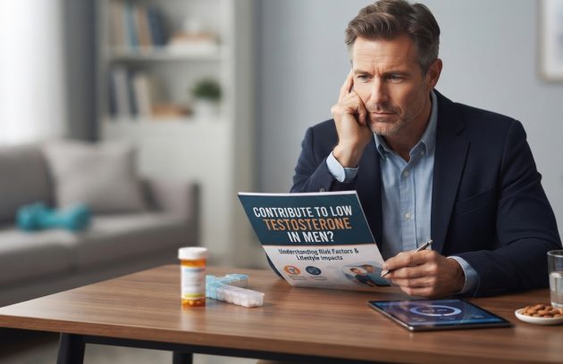 A thoughtful middle-aged man reviewing medical information on low testosterone in men at his desk.