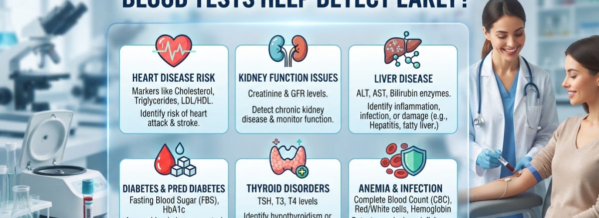 Routine blood tests that can help detect diabetes, cholesterol, kidney, liver, thyroid, and anemia-related health problems early.