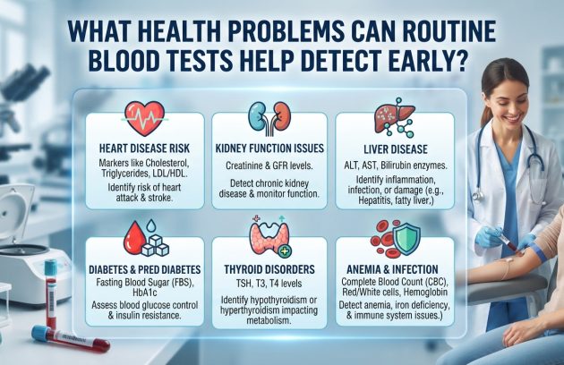 Routine blood tests that can help detect diabetes, cholesterol, kidney, liver, thyroid, and anemia-related health problems early.