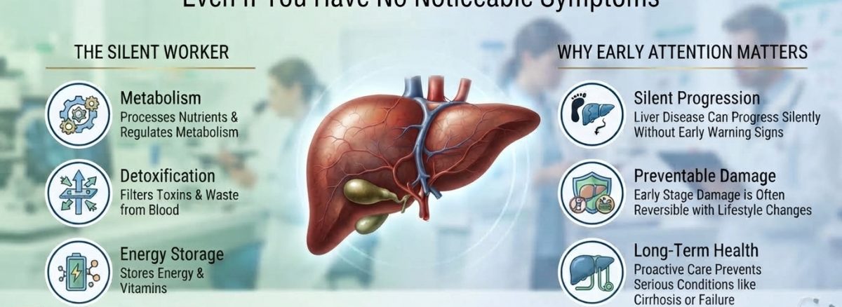 Liver health and preventive care infographic showing liver functions and importance of early attention