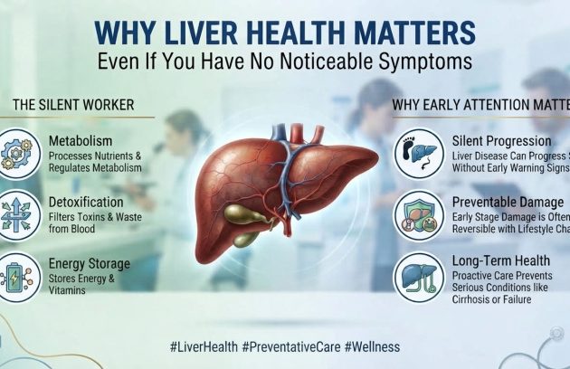 Liver health and preventive care infographic showing liver functions and importance of early attention