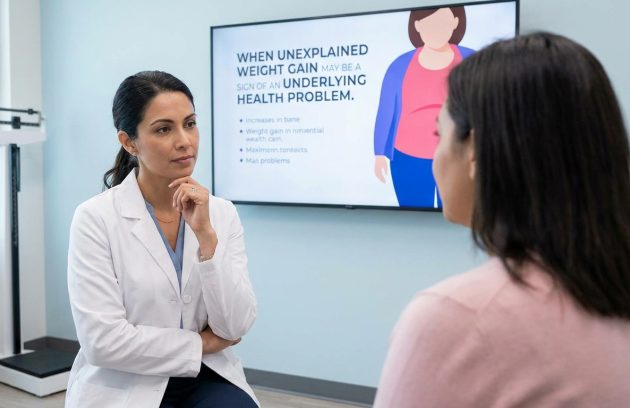 Doctor discussing unexplained weight gain and possible underlying health problems with a patient