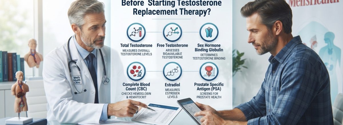 Infographic listing essential blood tests for men before starting testosterone replacement therapy including total testosterone, CBC, and PSA.