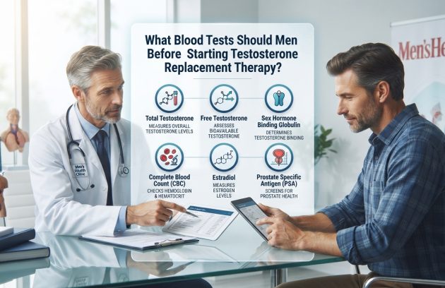 Infographic listing essential blood tests for men before starting testosterone replacement therapy including total testosterone, CBC, and PSA.