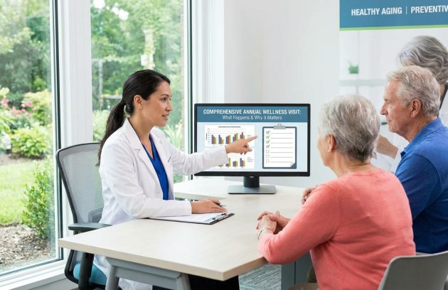 Comprehensive annual wellness visit with a healthcare provider discussing preventive care with adult patients