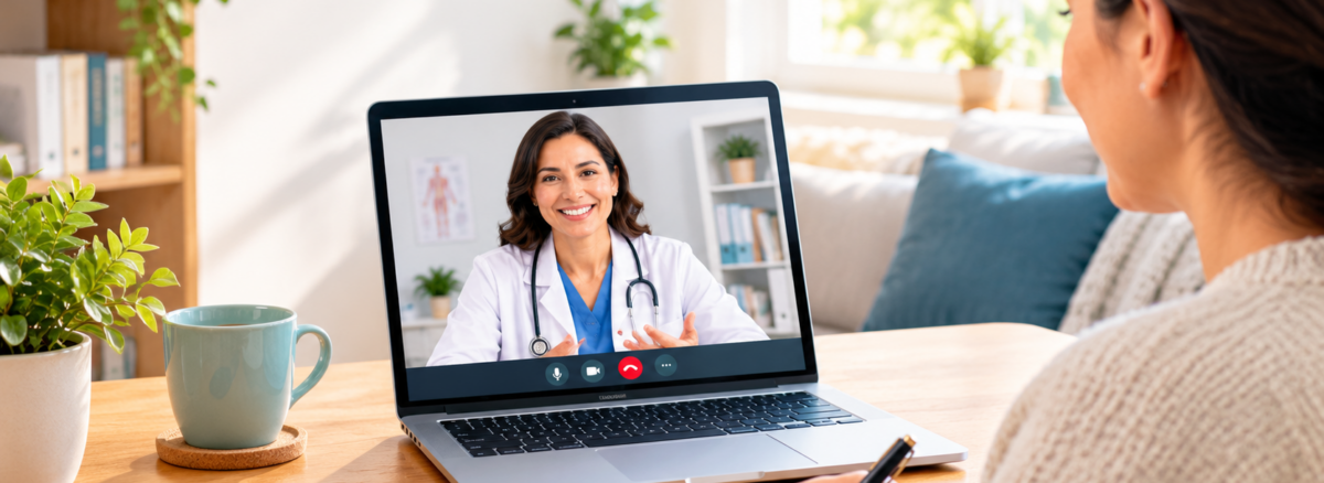 An adult woman taking notes during a telehealth appointment with a primary care provider on her laptop at home.