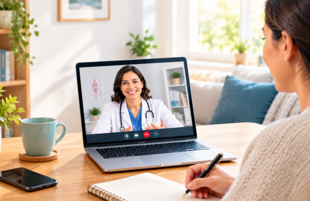 An adult woman taking notes during a telehealth appointment with a primary care provider on her laptop at home.
