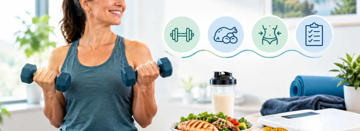 Woman lifting dumbbells alongside healthy food and fitness equipment to illustrate maintaining muscle mass during medical weight loss.