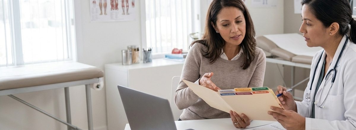 An adult female patient reviewing organized medical records and health documents with a primary care doctor during a clinical consultation.