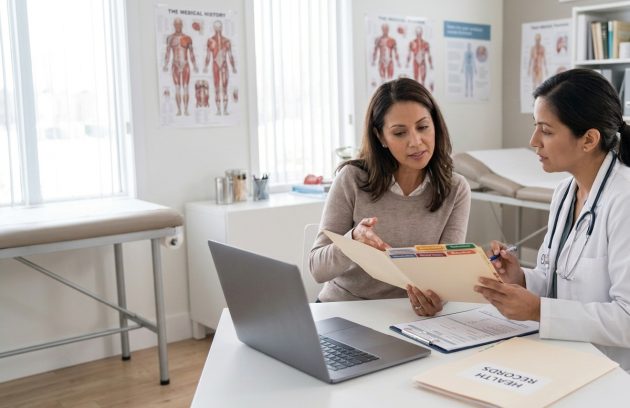 An adult female patient reviewing organized medical records and health documents with a primary care doctor during a clinical consultation.