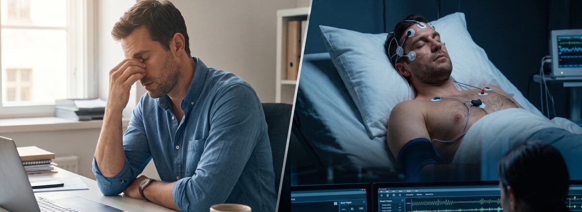 Patient undergoing overnight biometric sleep monitoring with EEG electrodes to diagnose chronic daytime fatigue causes.